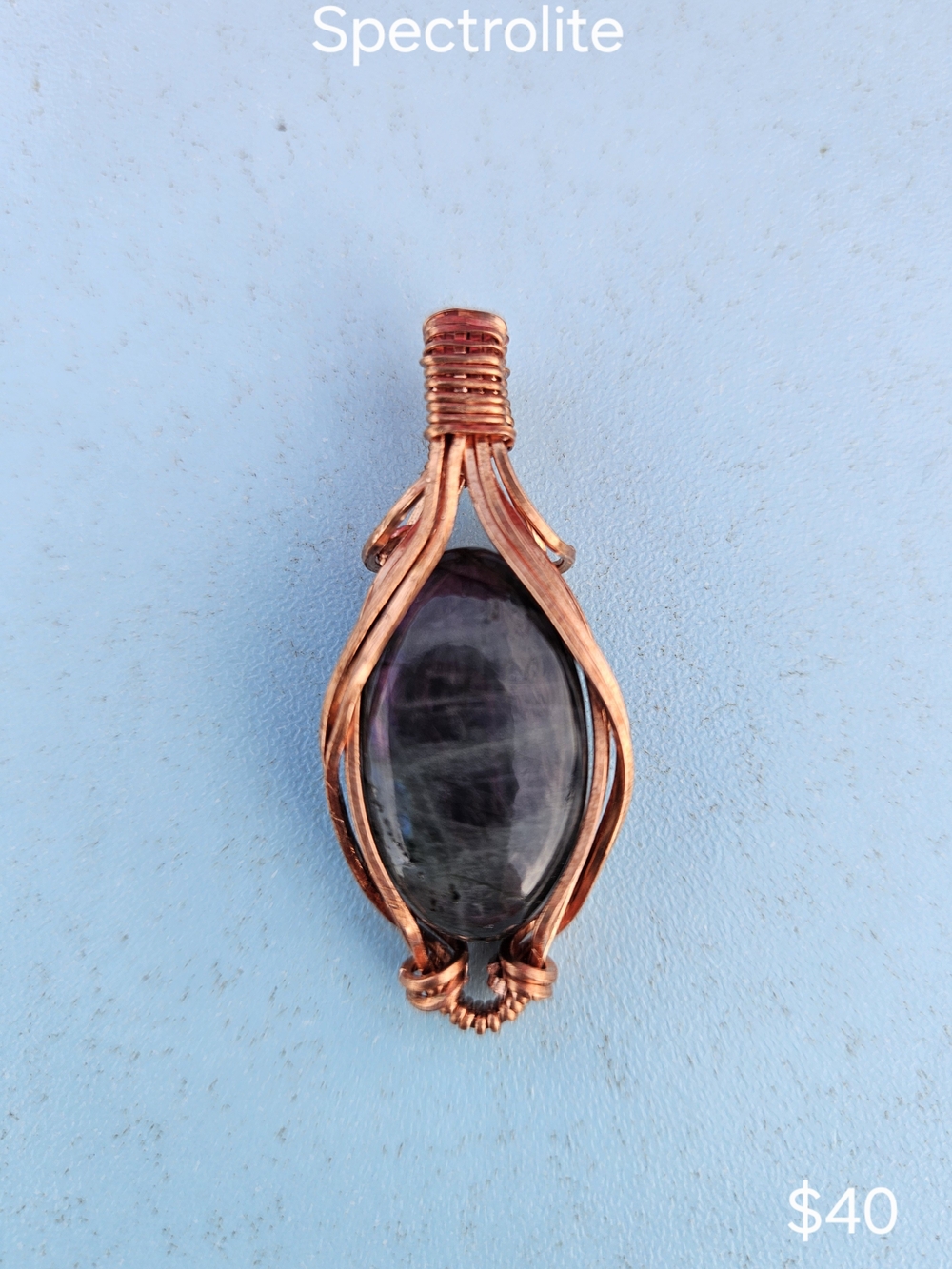 Handcrafted Copper Wire Wrapped Spectrolite Pendant in Purple